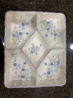 Floral Ceramic Divided Serving Platter in Lavender and White